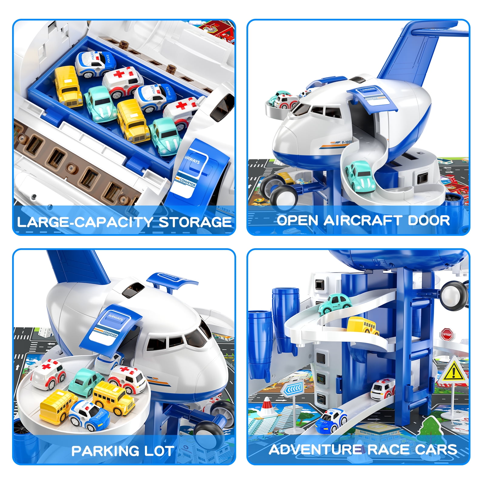 Lucky Doug Airplane Toys for Boys Ages 3-6 Years Old, Toddlers Boys Plane Toys with Track, 8 Mini Cars, Light Sound, Boys Toys Gifts for Ages 3 4 5 6