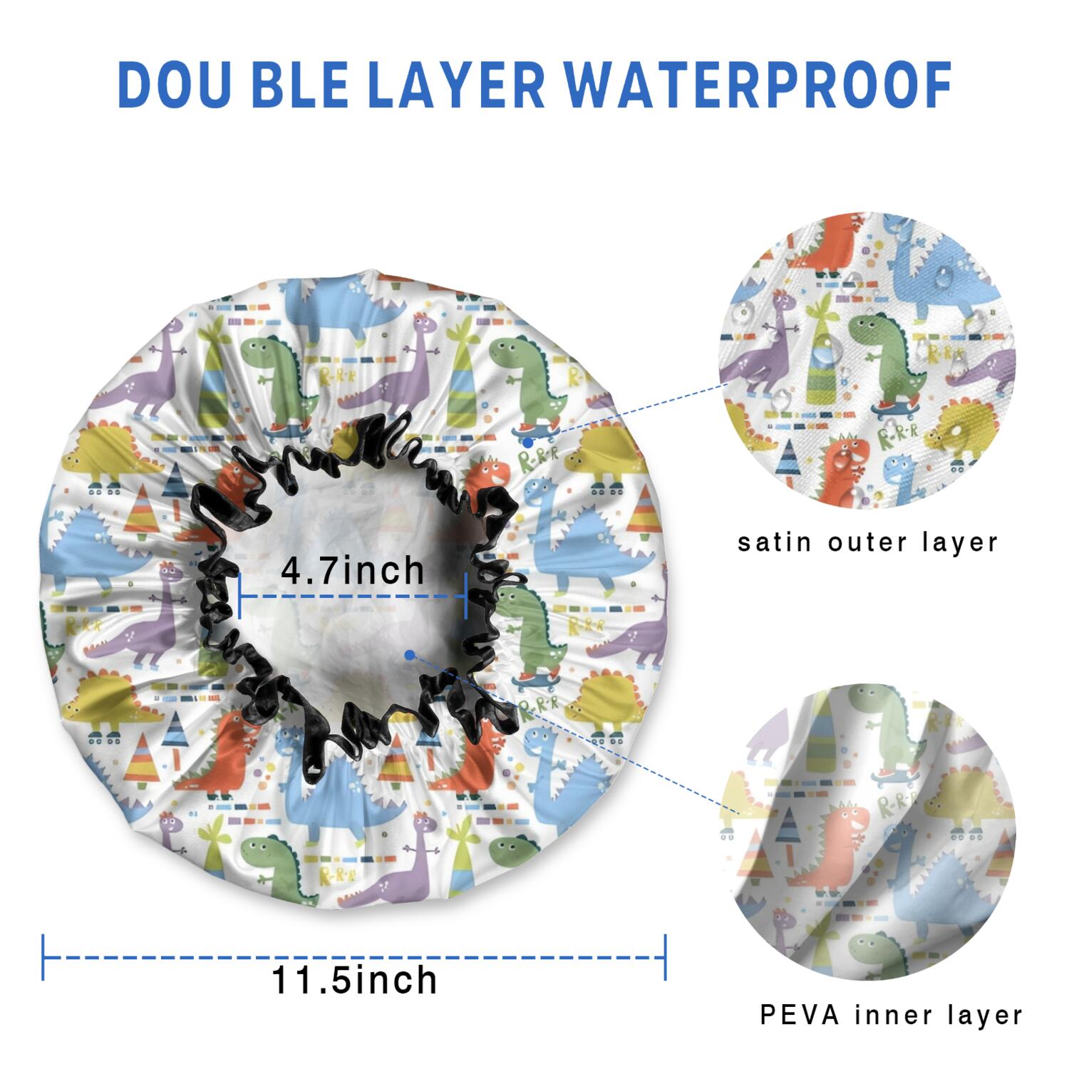Shower Caps,Colorful Dinosaurs Skating Pattern Waterproof Shower Cap for Women 4 Pieces,Double Reusable Hair Cover for Shower PEVA Elastic Stretch Hem