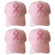 Set Of 4 Breast Cancer Awareness Pink Ribbon Baseball Caps Hats / Pink on Pink