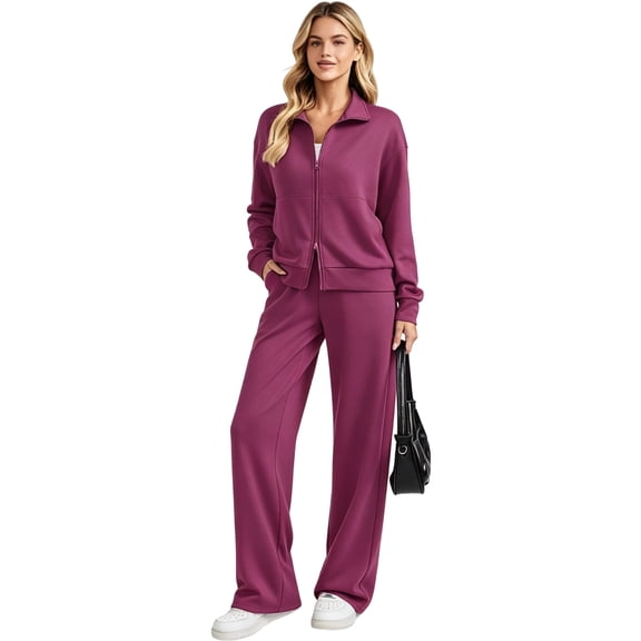2 Piece Sets for Women Stand Collar Zip Top and High Waist Wide Leg Pants, XL