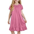 thumbnail image 3 of THDHVS Girls Summer Dress,Girls Solid Puff Short Sleeve Ruffle Hem Dress Round Neck Casual Sleepwear Summer,Dresses for Girls 8-9 Years, 3 of 10
