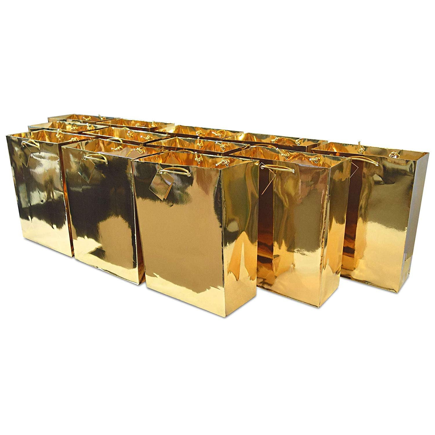 10x13x5” 12 Pcs. Large Metallic Gold Paper Gift Bags with Metallic ...