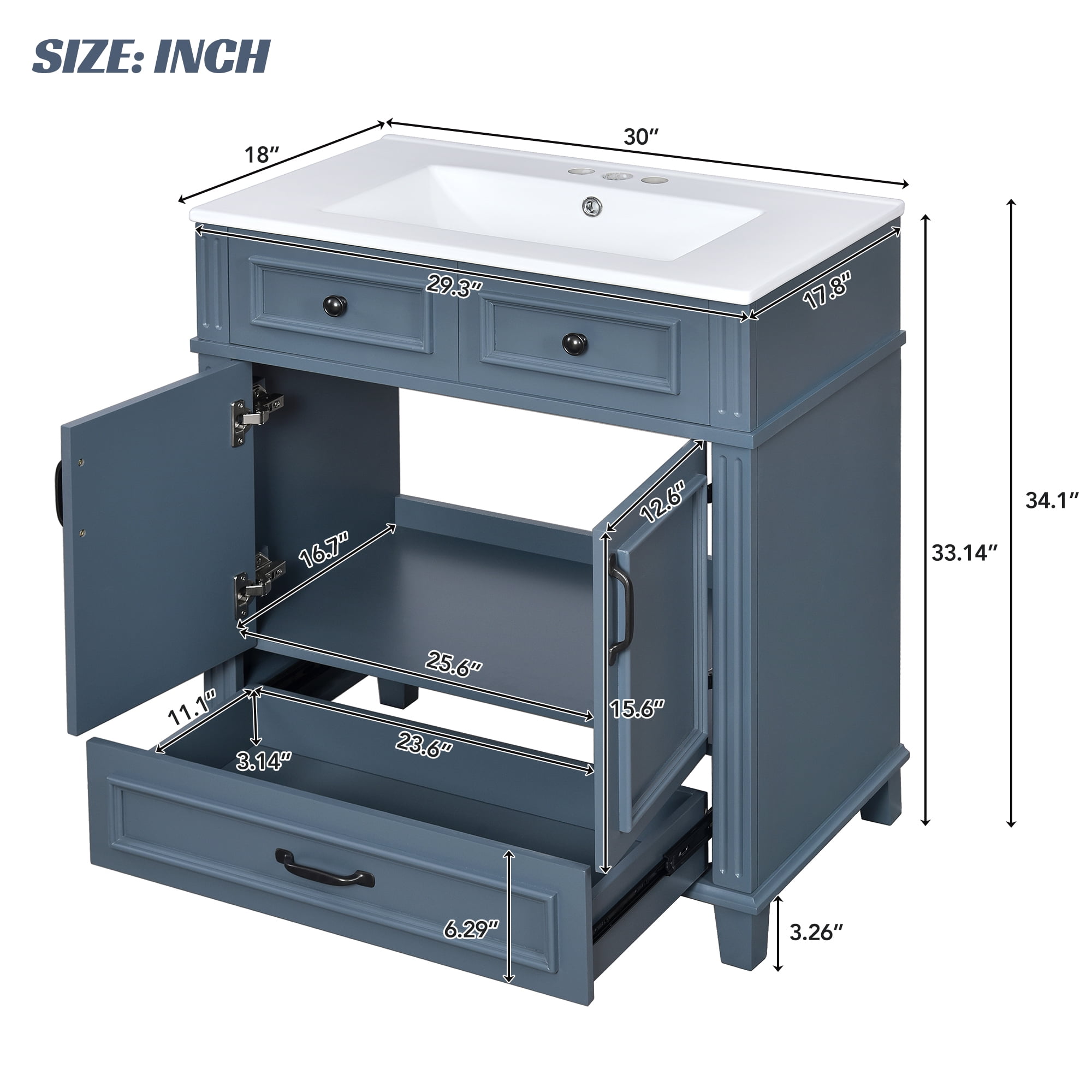 30 Inch Retro Bathroom Vanity with Ceramic Sink Solid Wood Storage Cabinet Soft Closing Doors Blue