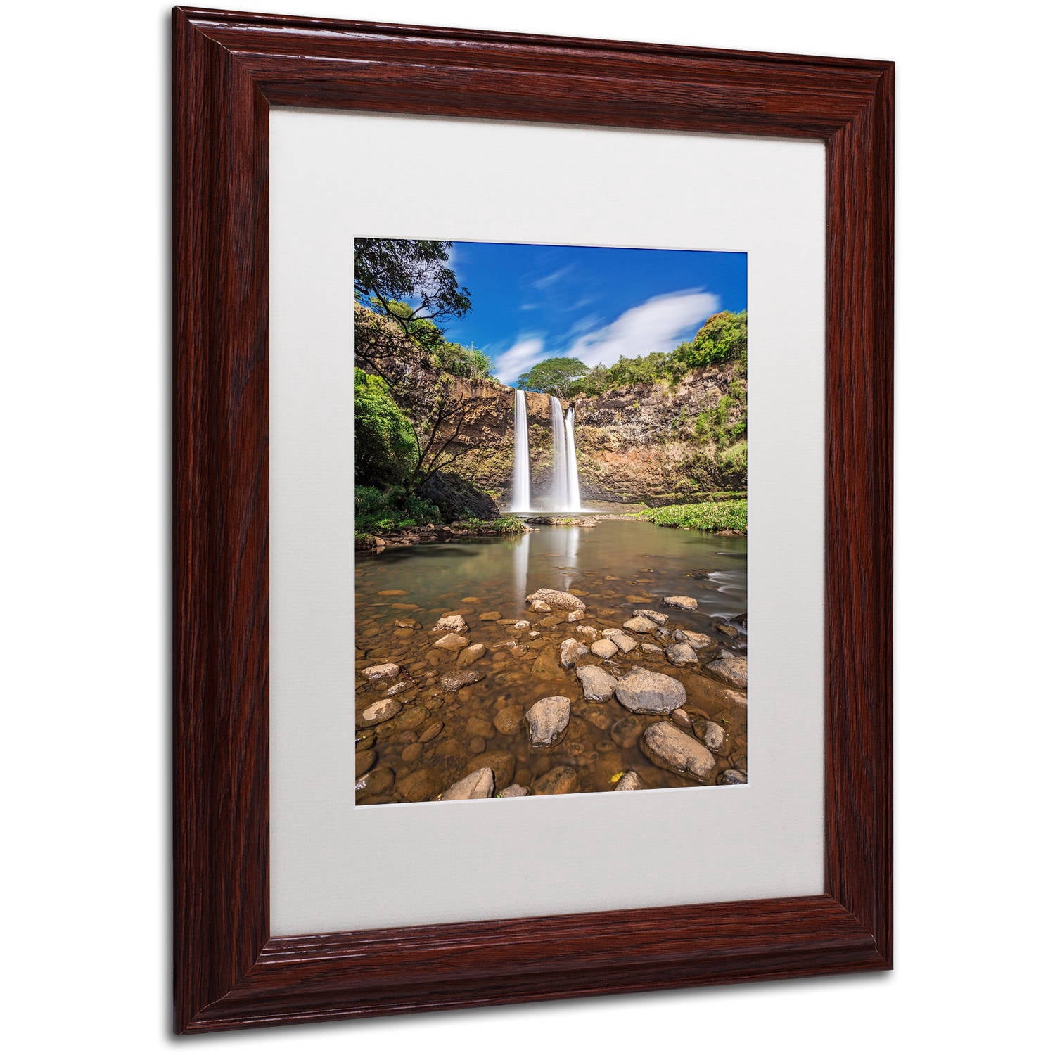 Trademark Fine Art 'Wailua Falls' Canvas Art by Pierre Leclerc, White Matte, Wood Frame