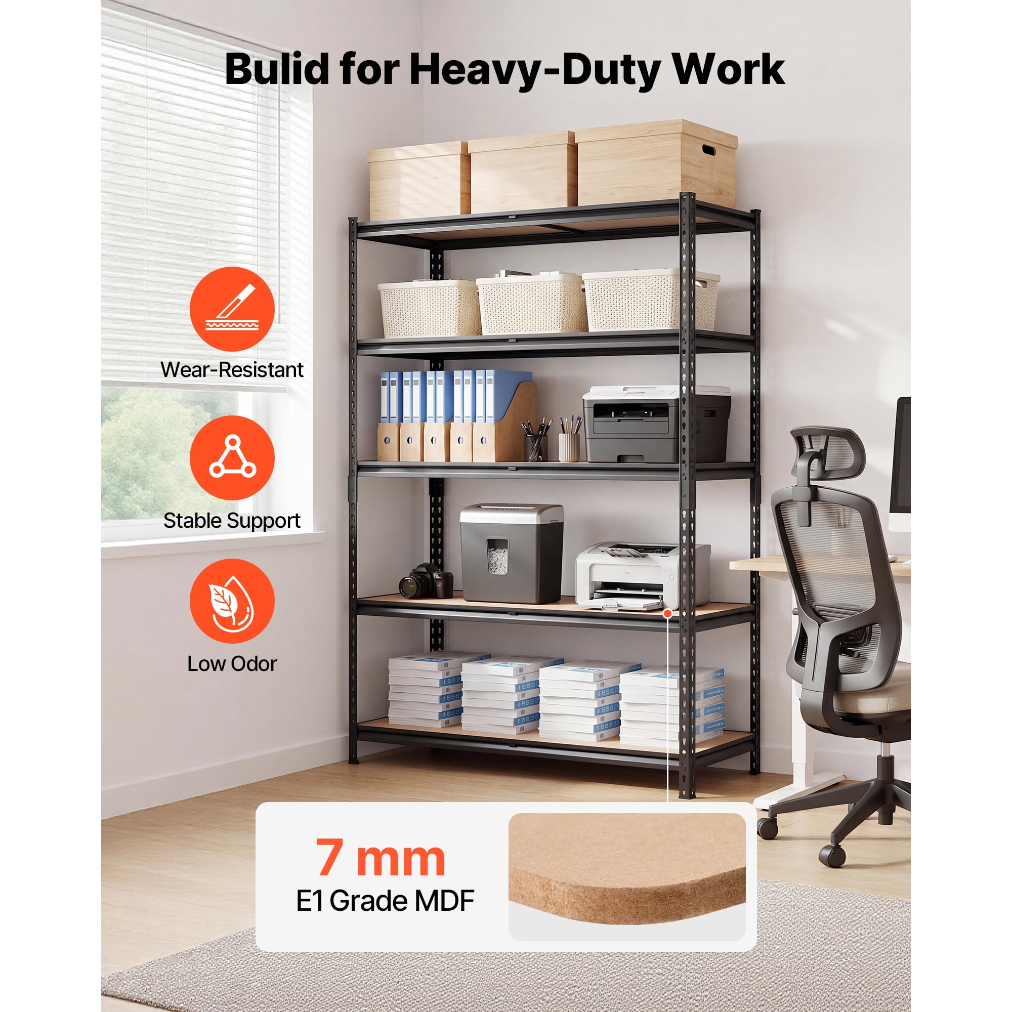 KFFKFF 5-Tier Adjustable Storage Shelves, 3000 lbs Capacity, Heavy-Duty Metal Utility Rack for Garage, Workshop, Warehouse, or Basement, 48.35" W x 24.37" D x 71.38" H