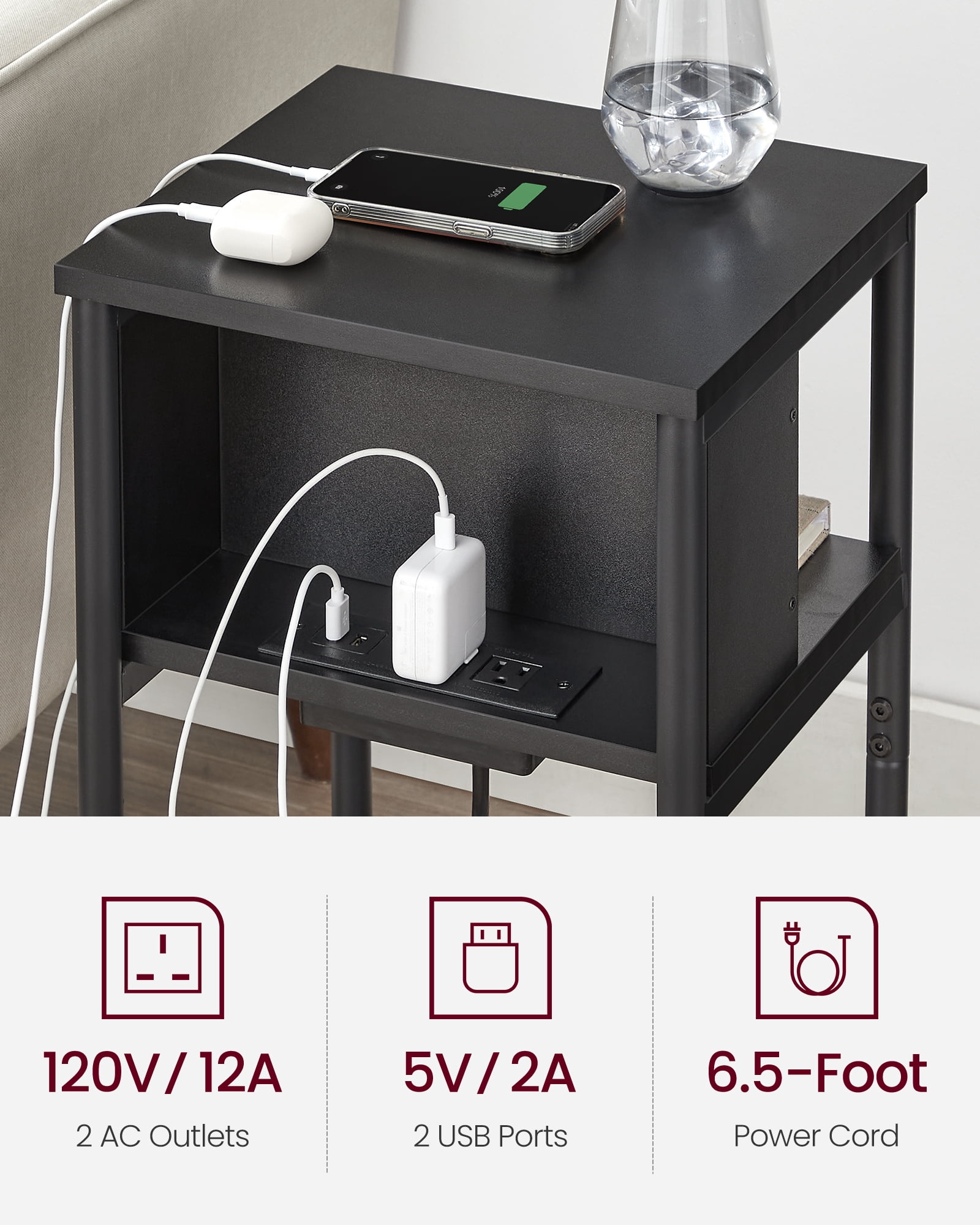 3-Tier End Table with Charging Station Side Table with USB Ports and Outlets Nightstand Black