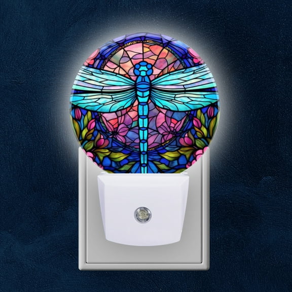 Round LED Night Lights Lamp with Dusk to Dawn Sensor, Blue Dragonfly With Pink Roses In The Background Night Light Plug Into Wall for Kids Room, Bedroom, Bathroom, Kitchen, Hallway