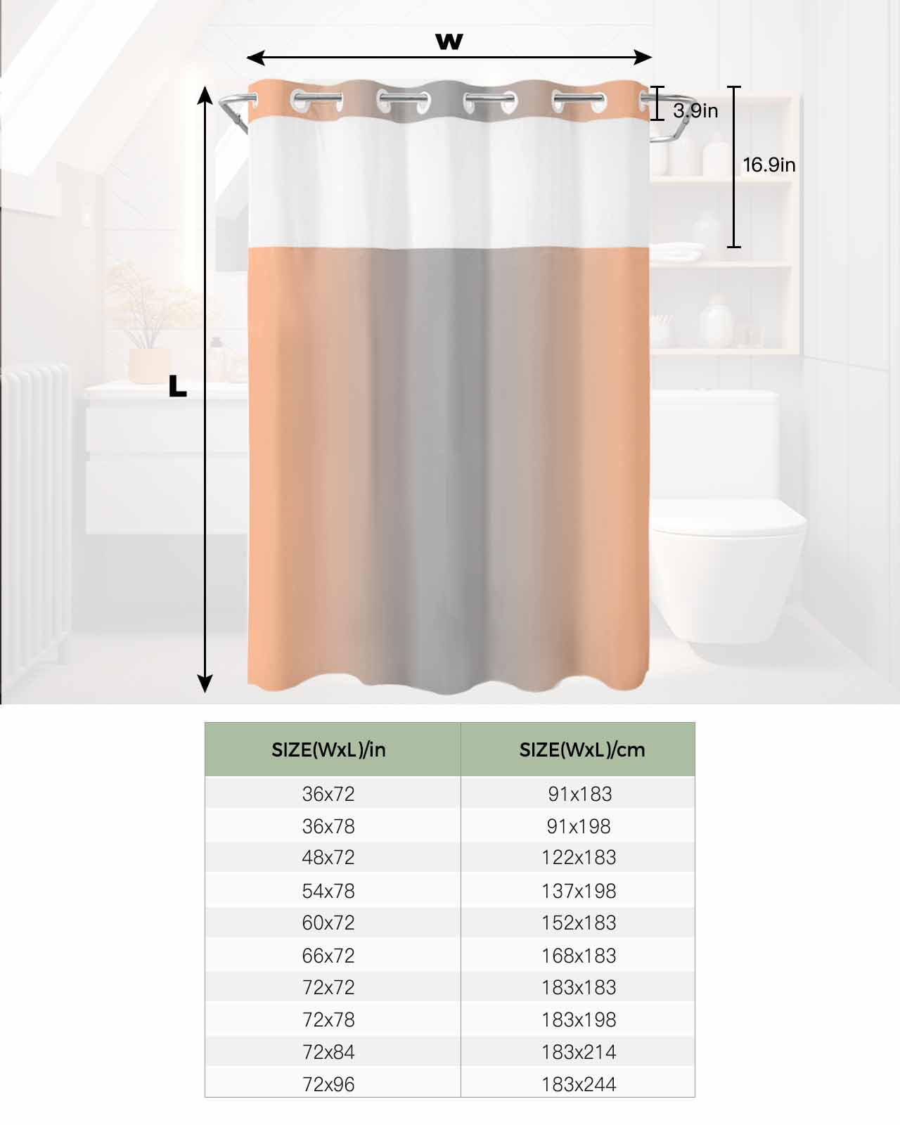 No Hook Shower Curtain with Snap in Liner, Ombre Abstract Gradient Coral Pink and Gray Hotel Shower Curtains for Bathroom, Washable Shower Curtain Liner Set with Mesh Top Window, 72"x72"