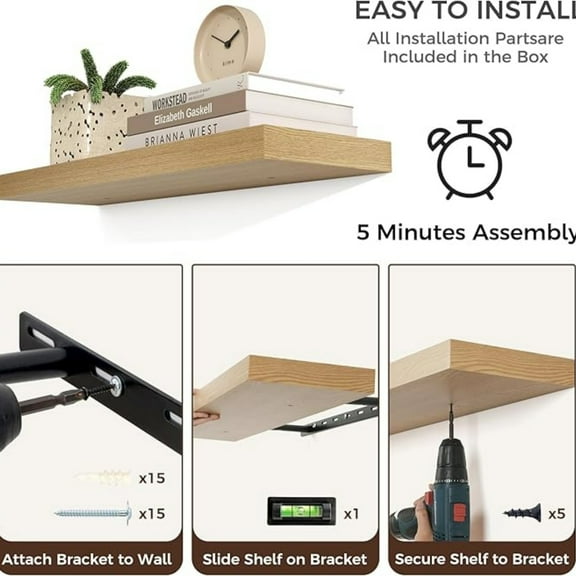 Floating Shelves for Wall, 24"W x 6.7"D x 1.4"H, 2 Pack of Long Wall Mounted Engineered Wood Shelves with Invisible Brackets for Living Room, Bedroom, Bathroom, Kitchen Dr and Storage, Oak