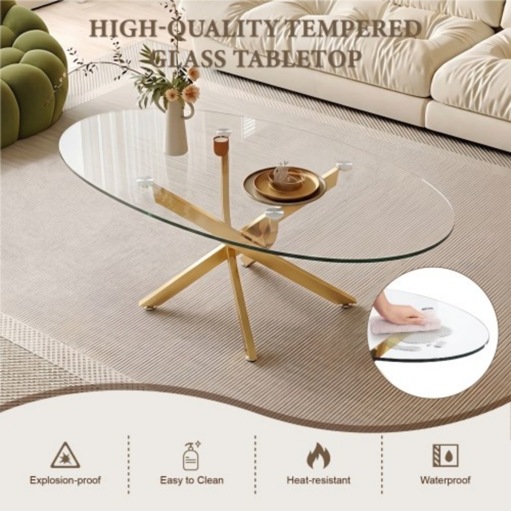 Oval Coffee Table, 39.37" Tempered Glass Top with Gold Cross Legs, Modern Side Table, Tea Table for Living Room, Apartment, Cafe