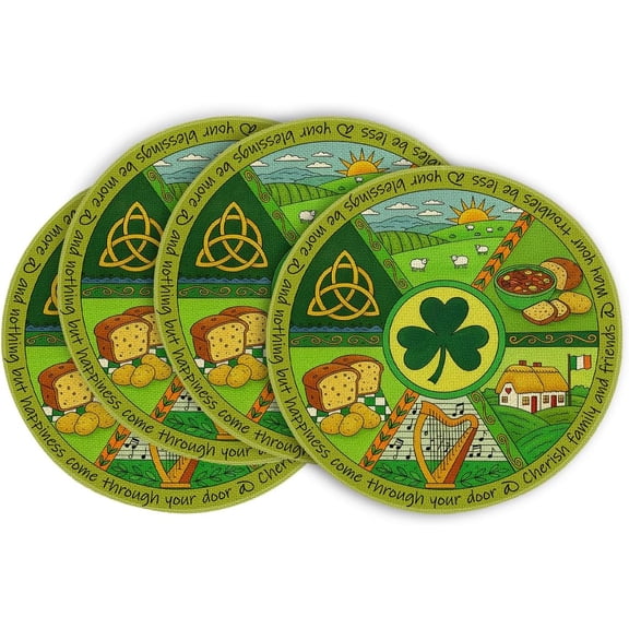 Triquetra Shamrock Round St. Patrick's Day Placemats Set of 4, 14 Inch Seasonal Spring Harp Table Mats for Kitchen Dining Decoration