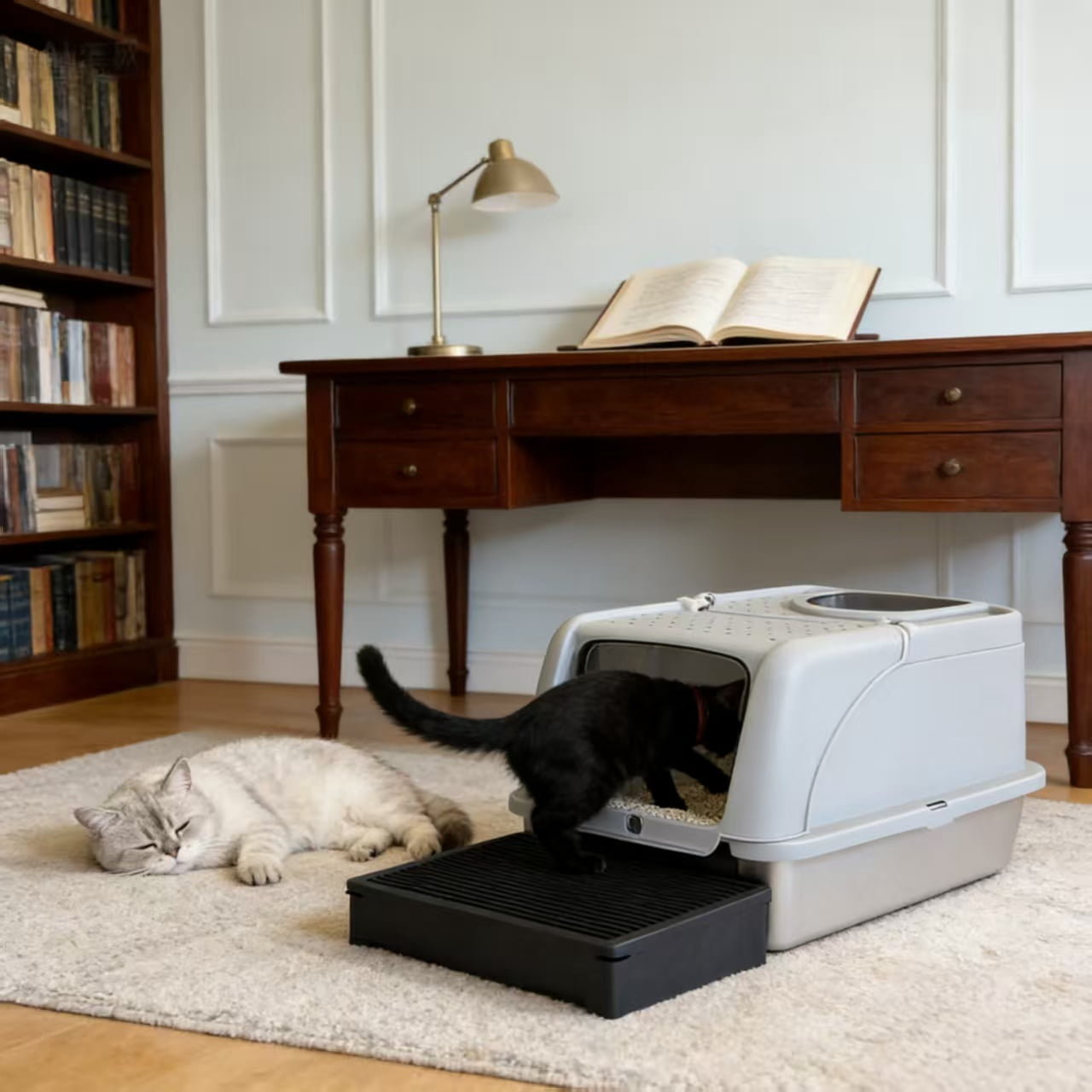 Large Enclosed Cat Litter Box with Integrated Tracking Mat, Dual Entry Hooded Cat Potty with Scoop, High Side Anti-Splashing Litter House for Odor Control, Gray