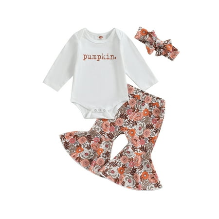 

Canis Adorable Baby Girls Romper Set with Letter Print Floral Flared Pants and Headband