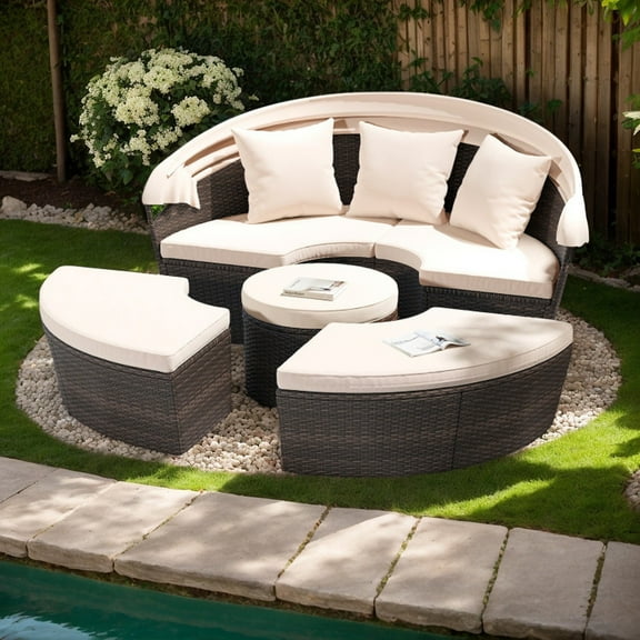 Yardi Yarda Patio Round Daybed, Outdoor Sectionals with Retractable Canopy, White