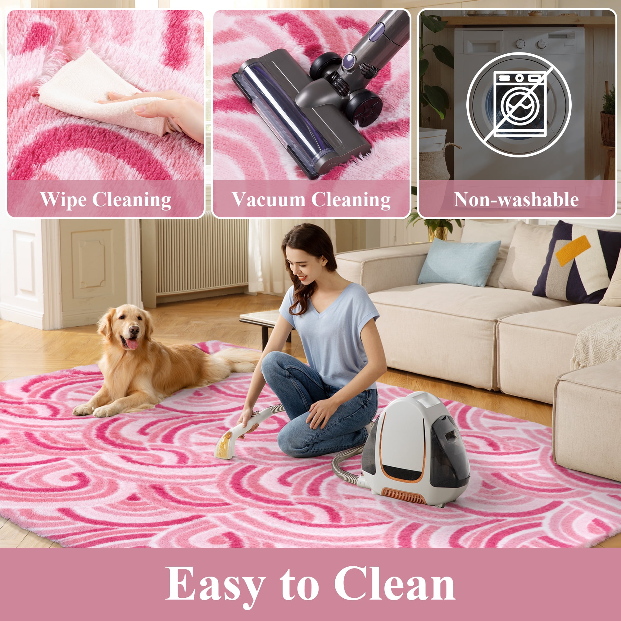 MeyJey 3'x 5' Shag Area Rug, Soft Fluffy Area Rugs for Kids Room Living Room Bedroom Decor Carpet, Pink