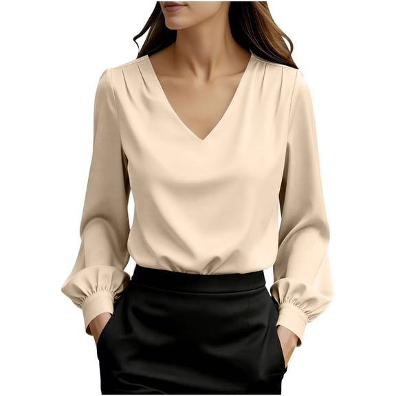 purcolt Satin Silk Tops for Women Business Dressy Casual Work Blouse V Neck Puff Long Sleeve Shirts Soft Tunic Tops