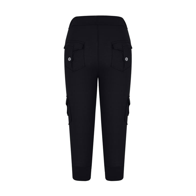 Capri Yoga Pants for Women Plus Size Workout Joggers Cargo Capris  Drawstring Waist Bikers Slacks with Multi Pockets (X-Small, Black)