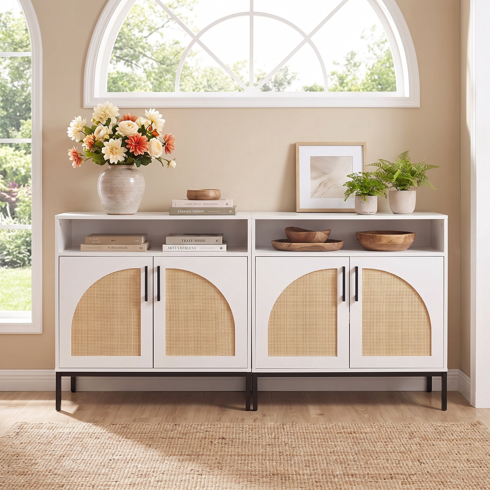 Furnibear 32" Sideboard Buffet Cabinet with 2 Natural Rattan Decorated Doors and Adjustable Shelf for Kitchen Dining Living Room Buffet, White
