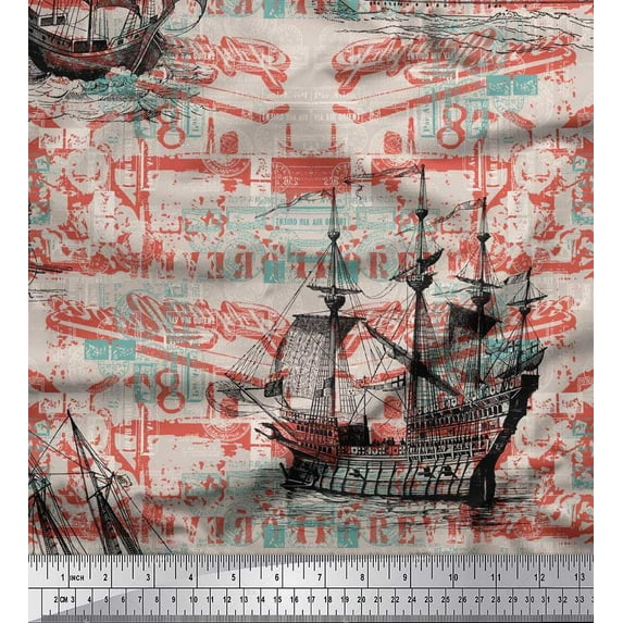 Soimoi Cotton Poplin Fabric Ship Ocean Print Fabric by The Yard 42 Inch Wide