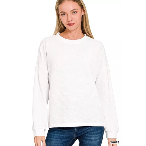 Je Suis une Accro de la Mode Zenana Haut à Manches Longues en Tricot Double à Col Rond (Blanc, m)