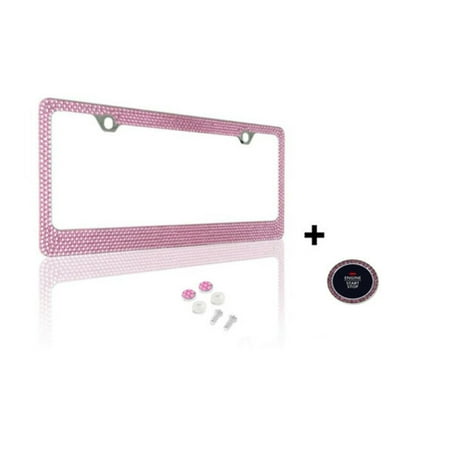 1PC Bling Rhinestones License Plate Frame Sparkling Pink Crystal Diamond with Screw Caps and Ring Emblem