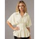 thumbnail image 4 of Blusas de verano para mujer, de manga corta, con cuello de solapa, estampado de rayas, abotonadas, con volantes plisados., 4 of 9