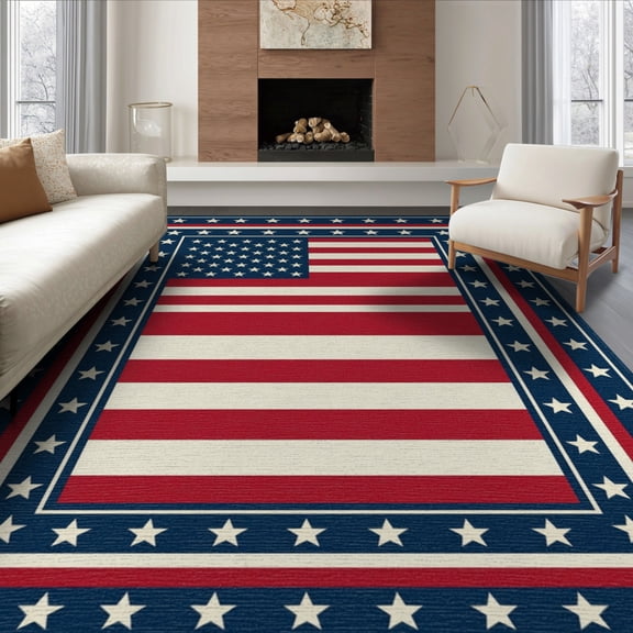 ODIKA 8'x10' Washable Area Rug Durable, Non-Slip Door Striped Motif Border Independence Welcome July Patriotic Refined Structured for Living Room, Under Sectional, Family
