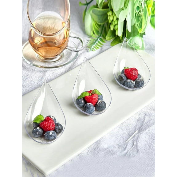 50pcs Mini Teardrop Shaped Appetizer Plate, Reusable Tray, Small Dessert Tasting Cup, Non Fragile Asian Spoon Set, Kitchen Supplies