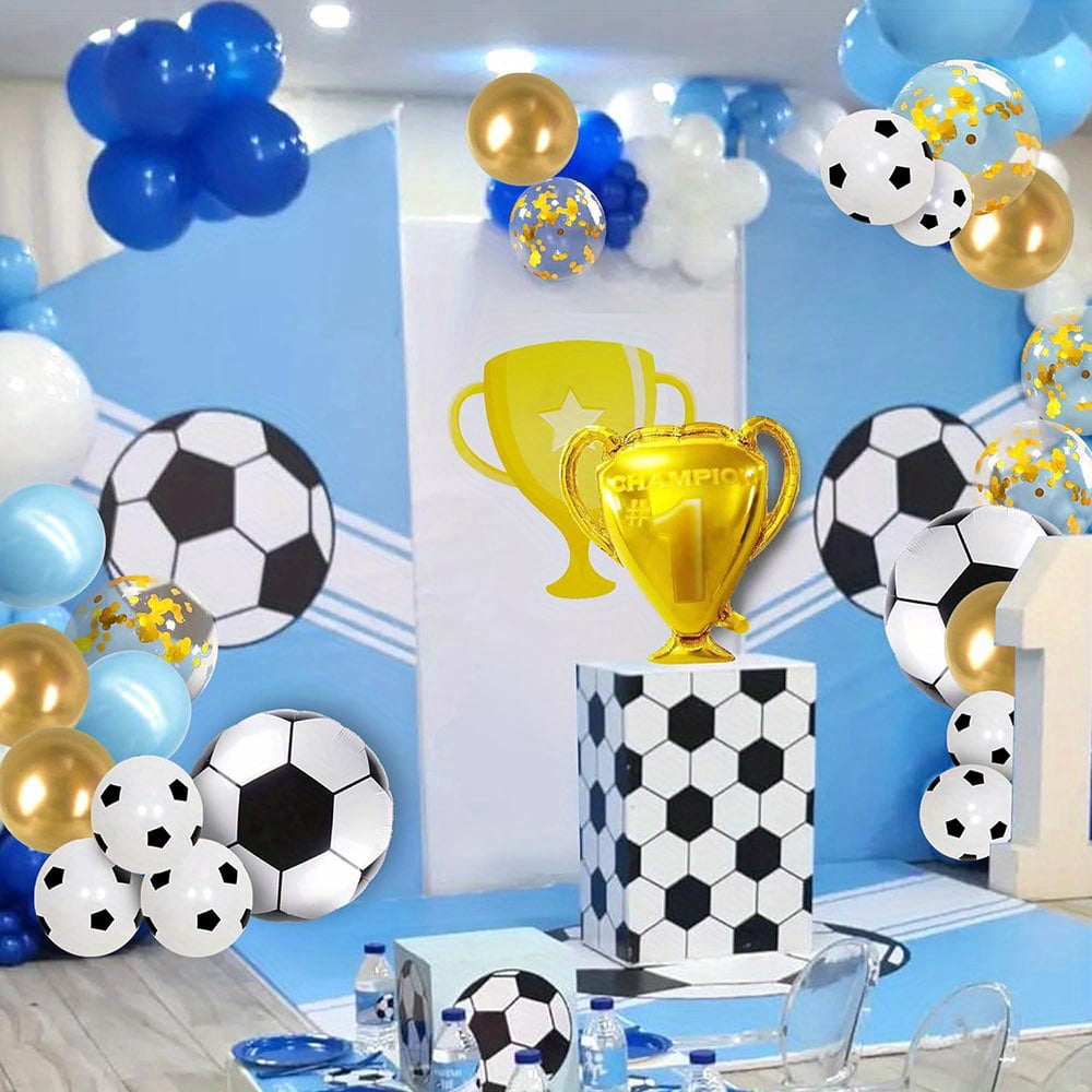 Soccer Birthday Decorations Balloon Arch Kit, Blue Gold Football Theme Party Balloons with Trophy Balloon Soccer Ball Balloons for Boys Sports Birthday Party Supplies