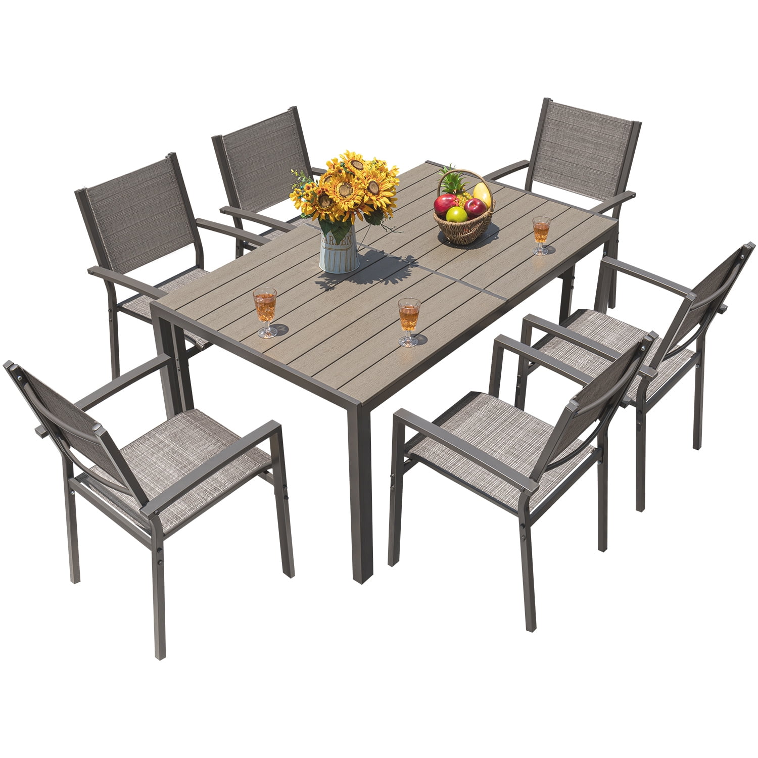 Devoko 7 Pieces  Outdoor Dining Set ,Patio Conversation Set Outdoor Furniture Set 6 Stackable Textilene Armchairs with Rectangular Table, Light Gray