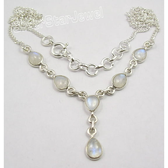 SilverStarJewel 925 Sterling Silver Drop Rainbow Moonstone Beautiful Necklace Indian Jewellers