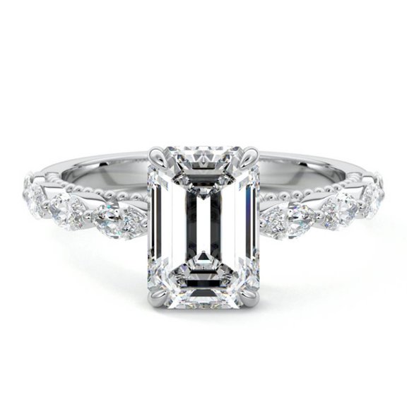 Earth Jewel 2.1 Ct VVS1/D Emerald Cut Diamond Solitaire With Accents Ring - 14K White Gold Plated Ring for Gift - Engagement Wedding Diamond Jewellery - Women's Jewellery Engagement Wedding Ring
