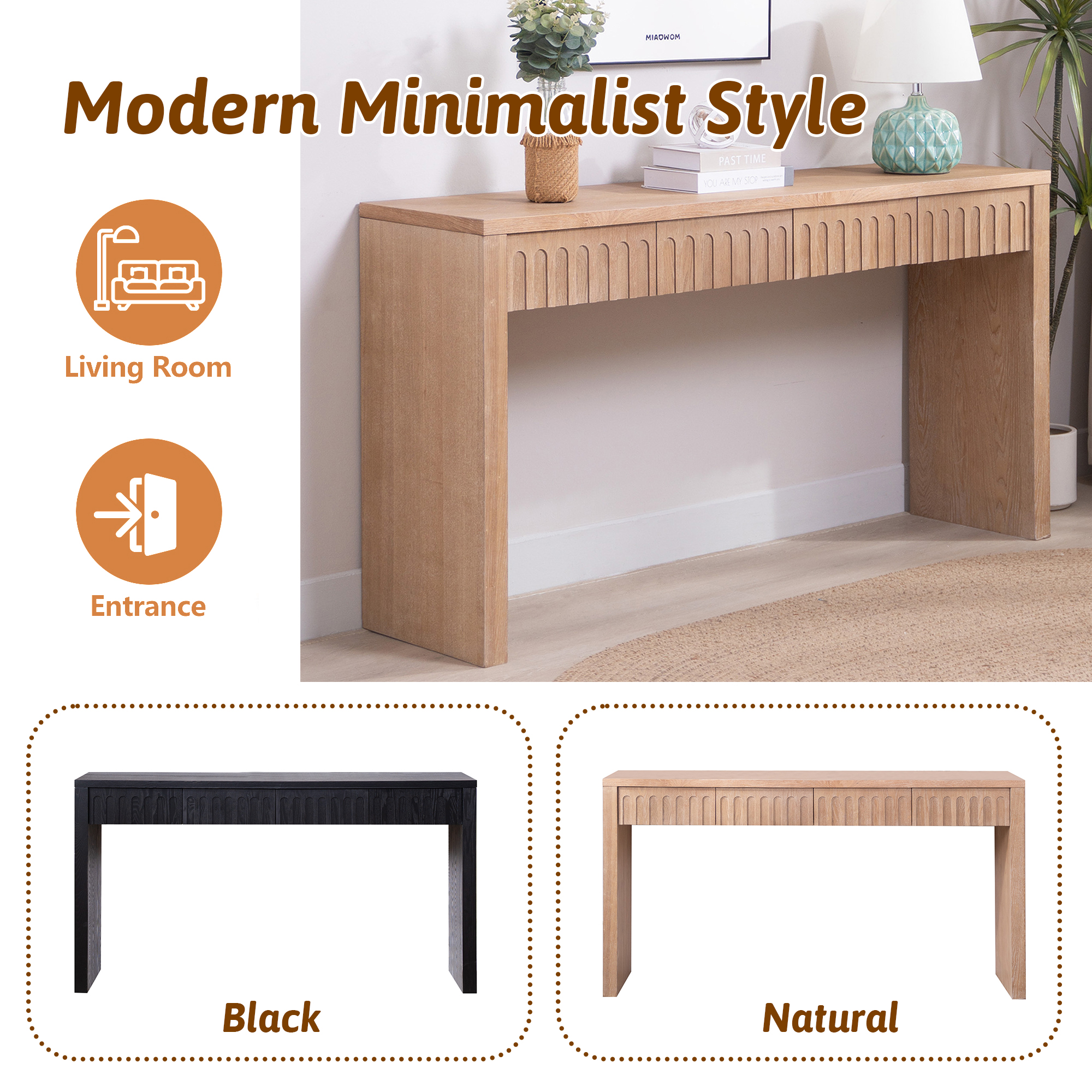 MDQMD 59.2'' Console Table with 4 Drawers for Living Room,Carved Console Table with Storage,Wooden Couch Table Behind Sofa,Natural Wood
