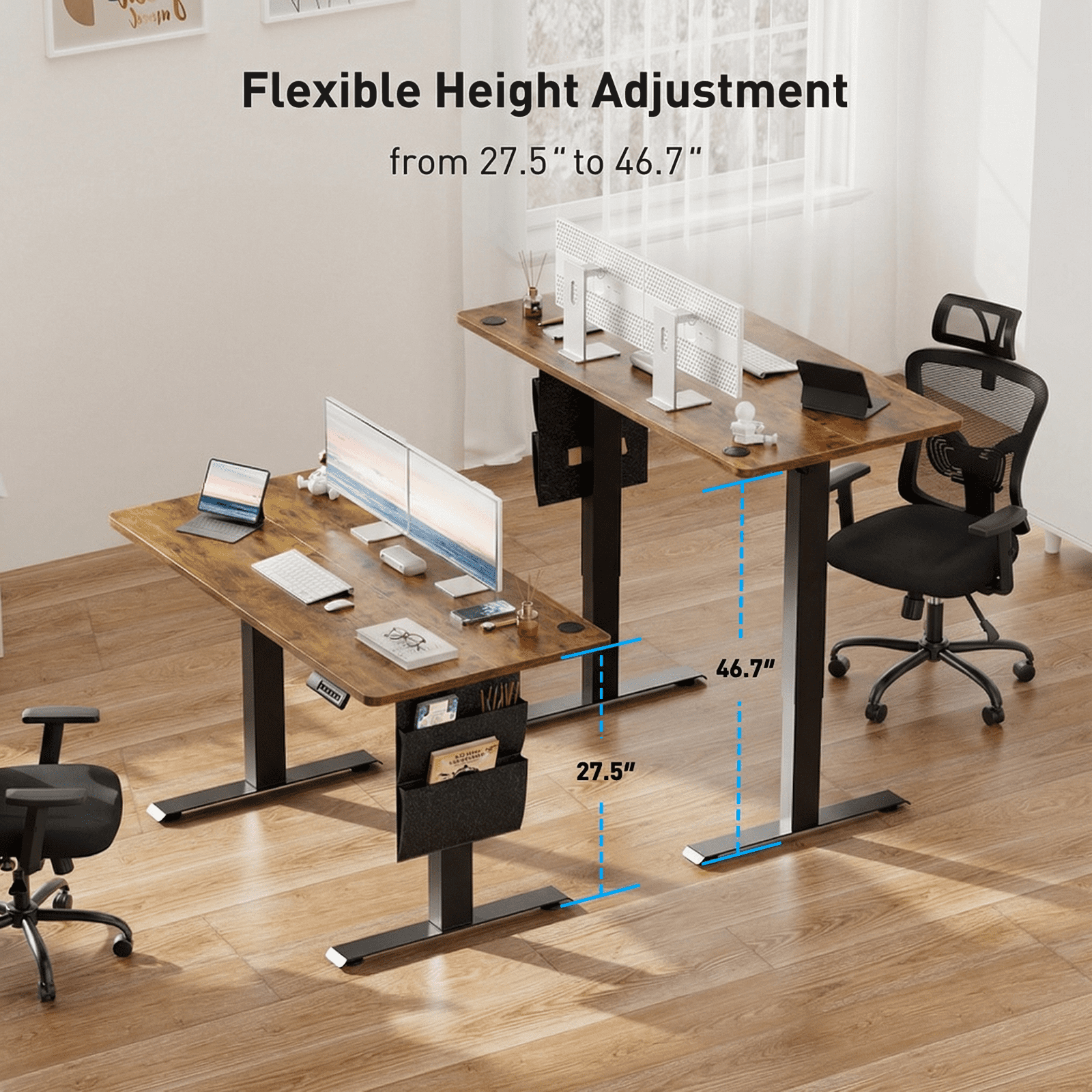 CHITOOMA 55" x 24" Electric Standing Desk with Storage Bag, Adjustable Height Sit to Stand Desk with 4 Memory Pre-Set, Headphone Hook for Home Office, Rustic Brown