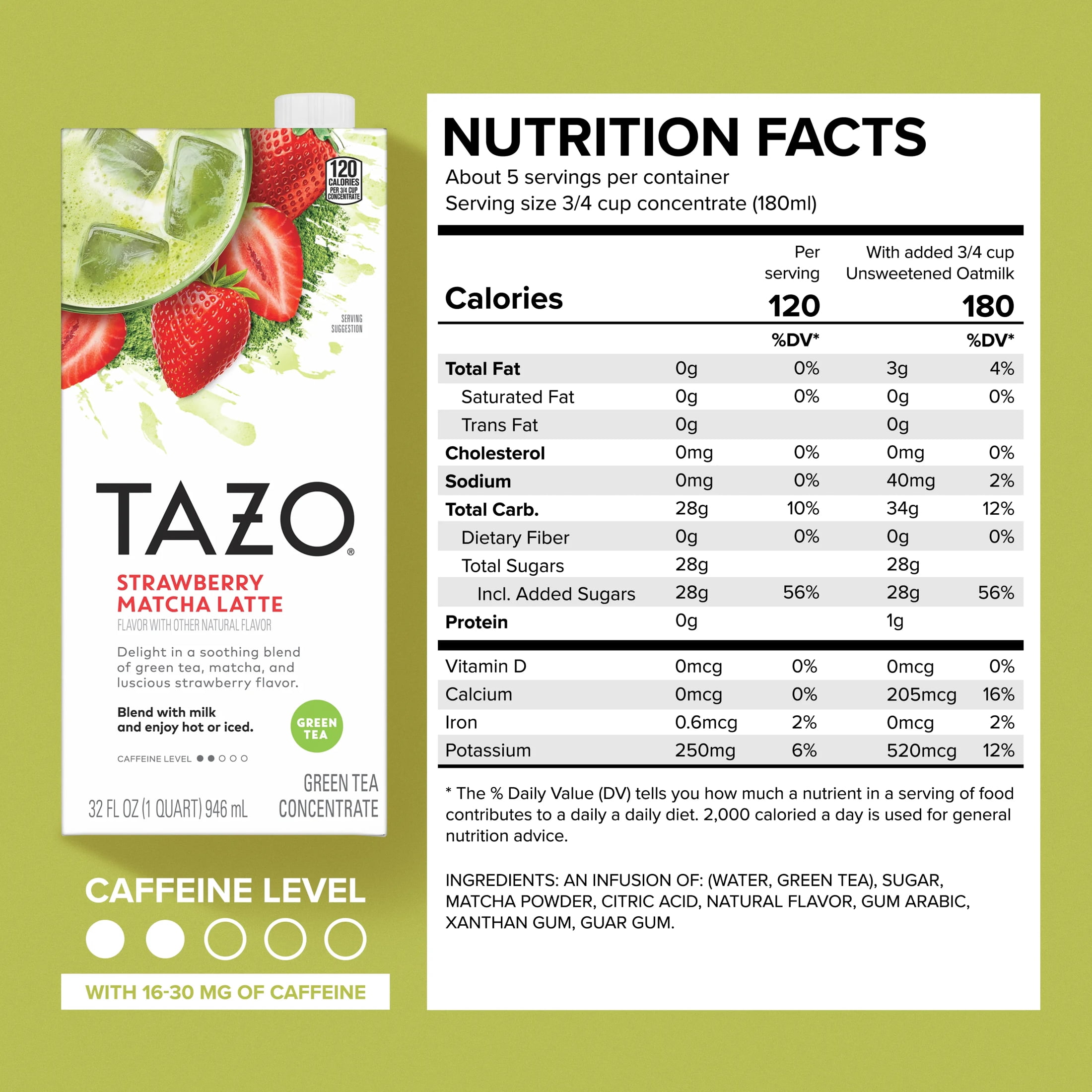 (6 pack) TAZO Strawberry Matcha Latte Concentrate, Sweetened Green Tea and Matcha Flavor, 32oz Carton