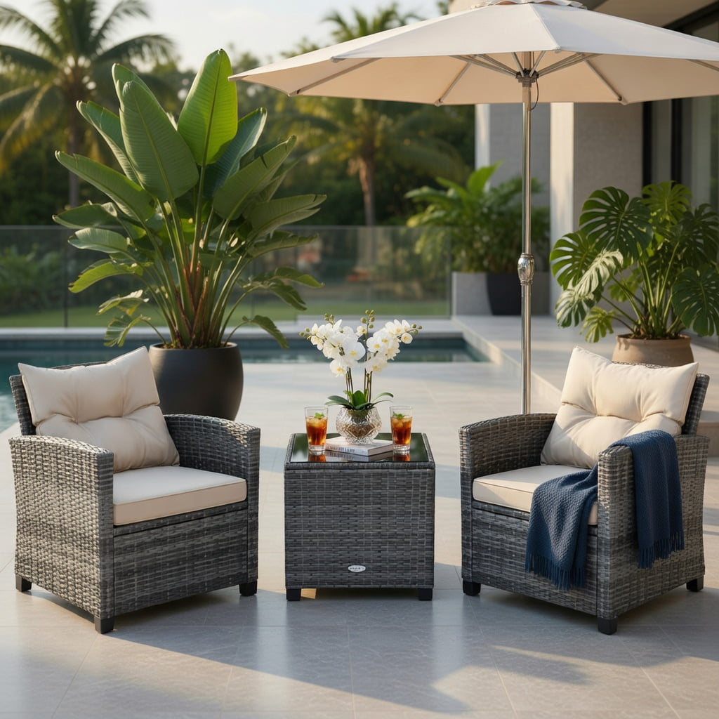 Hommoo 3-Piece Outdoor Wicker Conversation Set, PE Rattan Sofa & Tempered Glass Coffee Table with Weather-Resistant Cushions, White