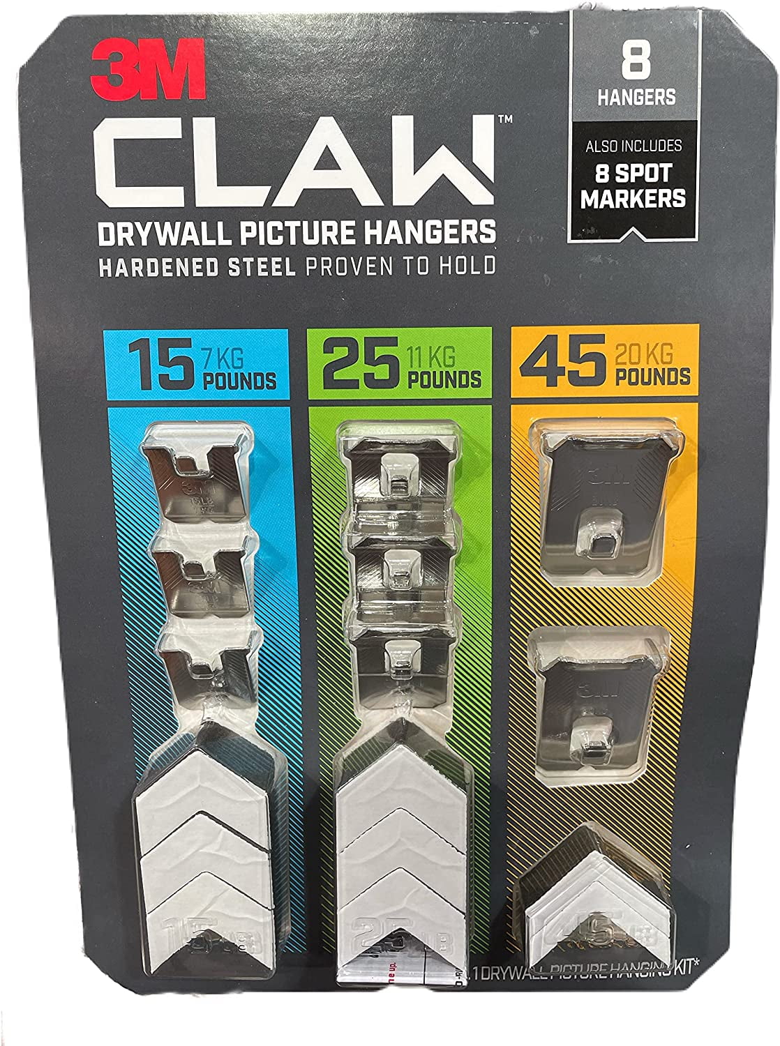 3M CLAW Multi Weight, Drywall Picture Hanger with Spot Markers (Pack of 8-Hangers and 8-Markers), Silver