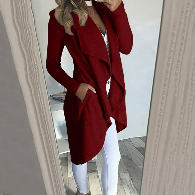 Simua Fashion Women's Lapel Long Loose Jacket Solid Color Long Sleeves Work Blazer Casual Buttons Jacket