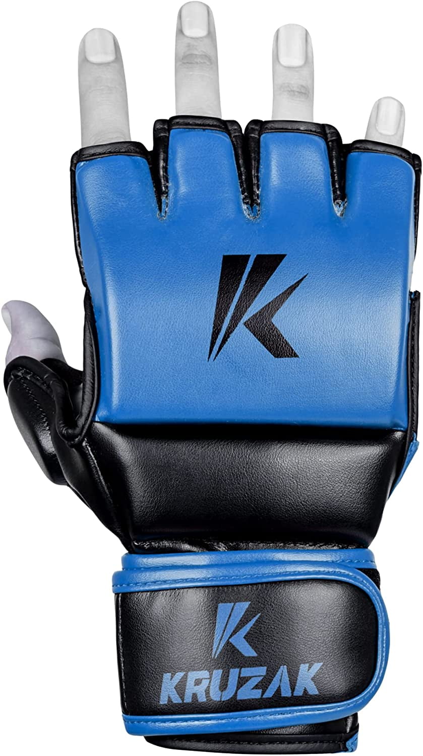 Kruzak MMA Gloves, Men and Women’s Half-Finger Boxing Mitts, Hand Wraps with Open Palms for Grappling, Kickboxing, Sanda, Sparring, Muay Thai (L/XL, Blue)