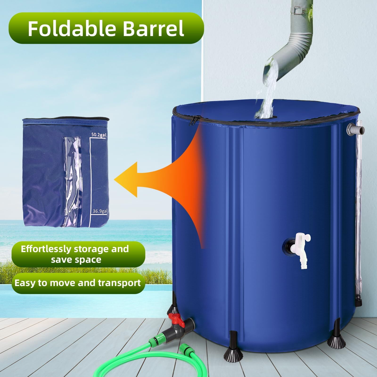 Collapsible Rain Barrel 53 Gallon Rainwater Collection Storage Tank with Garden Hose, Blue