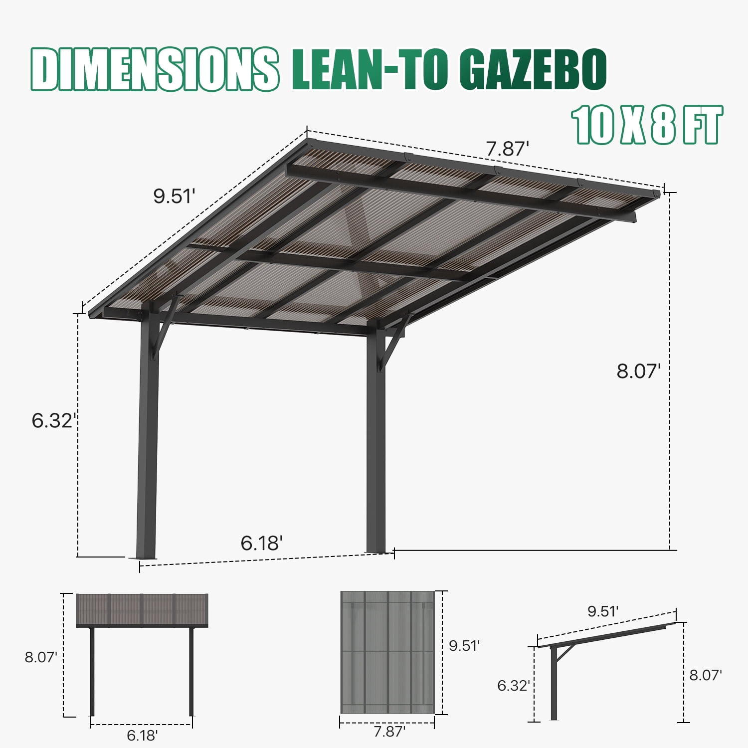 BaPiPro 10' x 8' Gazebo for Patio, Hard Top Lean to Gazebo Pergola Carport, Freestanding Shelter Pergolas and Gazebos Clearance with Patio Roof, Wall-Mounted Heavy Duty Awnings for Patio, Decks