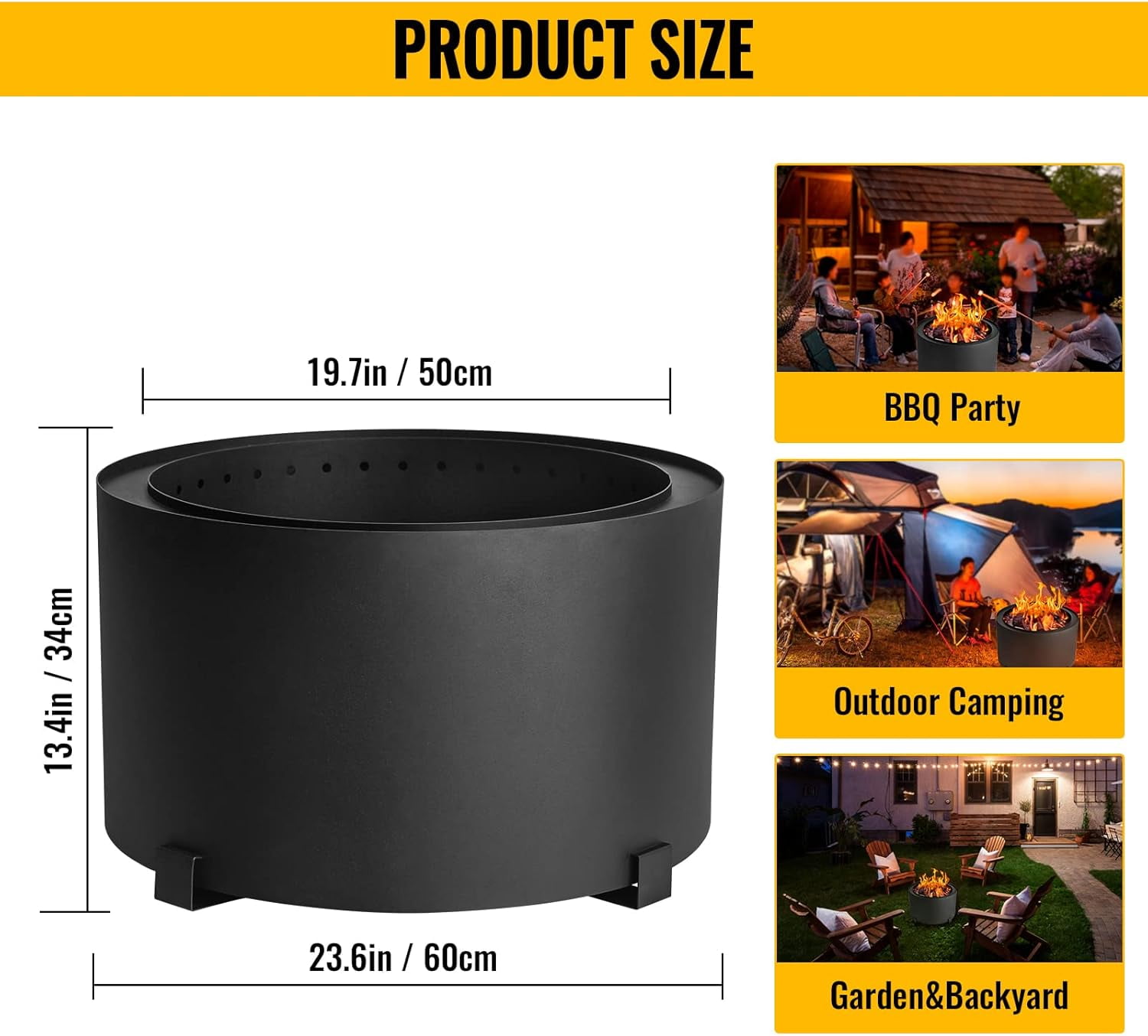 Smokeless Fire Pits Large Wood Burning Fire Pit Carbon Steel Stove Bonfire Fire Pit Portable Outdoor Fire Bowl for Picnic Camping Backyard (23.6 Inch)