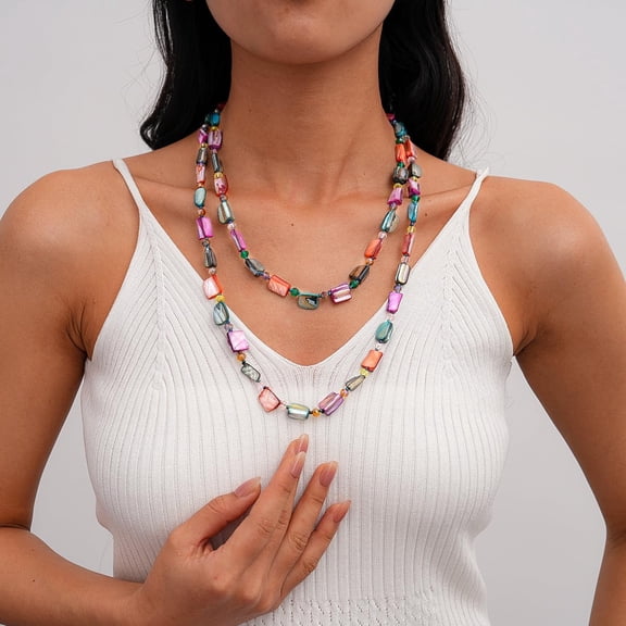 DESIGNICE Irregular Shell Crystal Beaded Long Necklace for Women Bohemian Vintage Layered Stacking Sweater Chain Strand Handmade Statement Retro Collar Vacation Boho Costume Jewelry Gifts