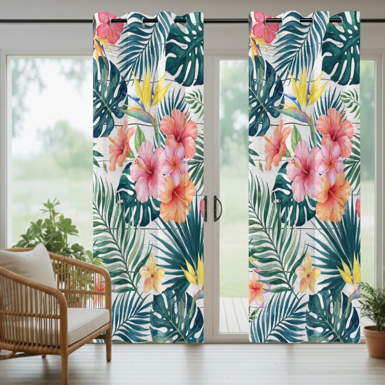 Pink Hibiscus Flower Outdoor Curtains for Patio, Palm Leaf Summer Coastal Tropical Botanical Sunshade Privacy Drapes Grommet Waterproof Outside Curtains for Porch/Cabana/Balcony 54"x 108", 1 Panel