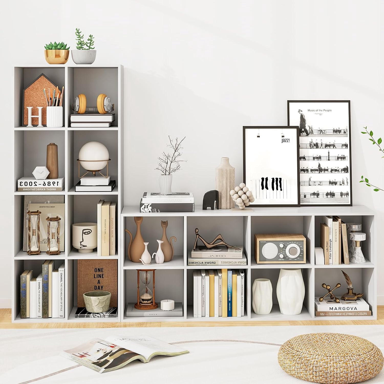 8 Cube Storage Organizer, Wooden Vertical & Horizontal Book Shelf, 24” Low Bookcase Under Window with Back Panels, 2-Tier Bookshelf for Classroom Home Office Living Room (White)