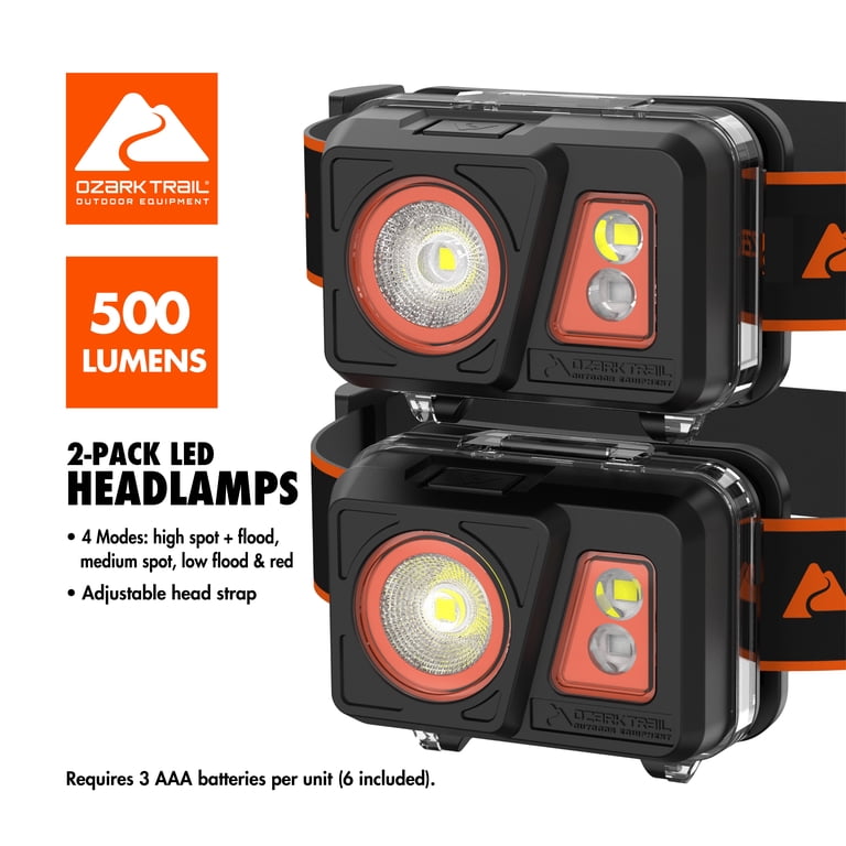 Ozark Trail Headlamp, 500 Lumens, 2 Pack, IPX4 Waterproof