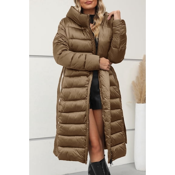 Giolshon Women's Puffer Jacket Lightweight Quilted Hooded Long Down Alternative Coat with Belt