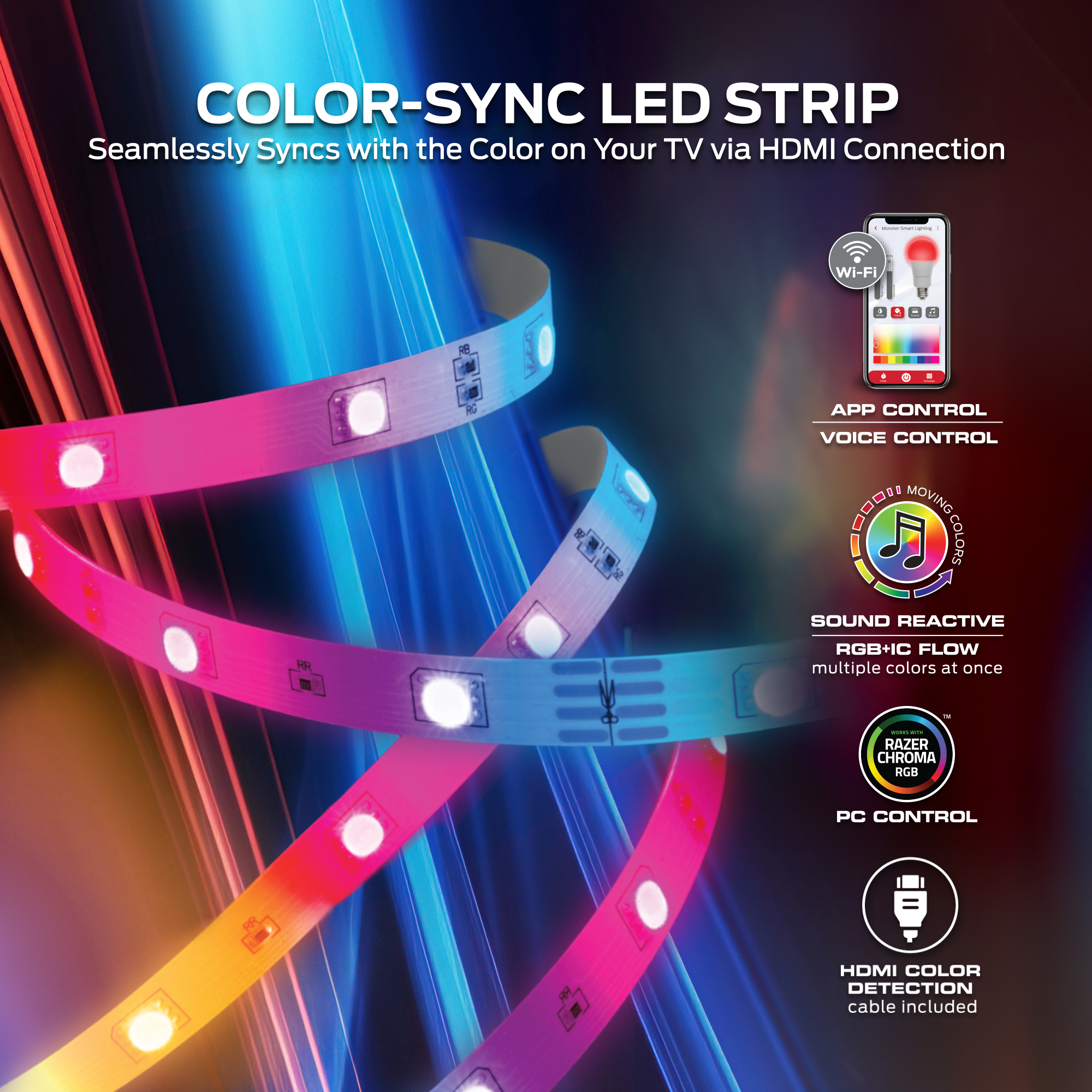 Monster Smart LED TV Strip Lights, 55-85 Inch, HDMI Sync photo 8