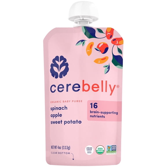 (12 pack) Cerebelly Organic Stage 2 Spinach Apple Sweet Potato Baby Food, 4 oz Puree