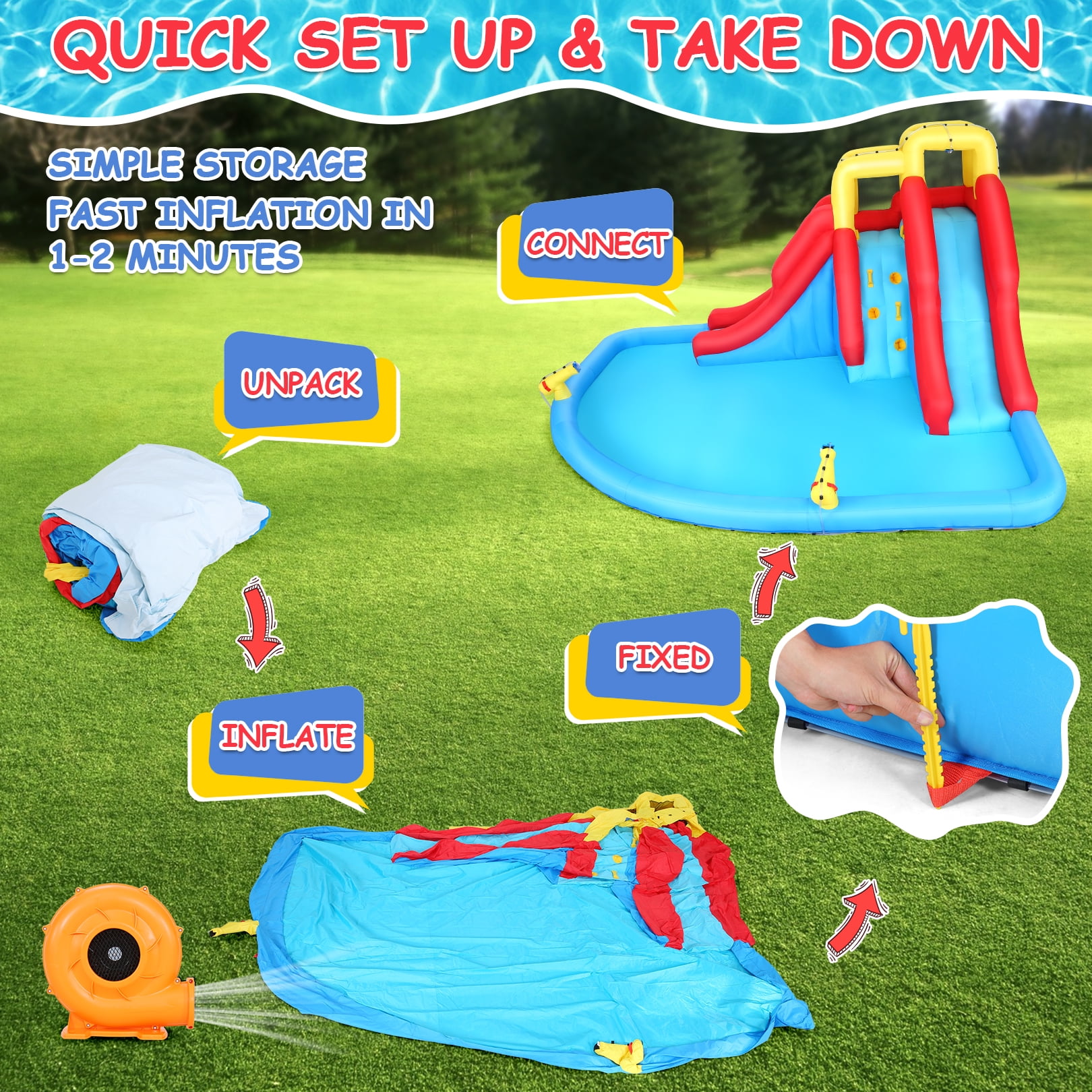 Veeboto Inflatable Water Slide, Inflatable Water Slide with 440W Blower, Includes Large Play Pool, Double Slides, Climbing Wall, Double Water Cannons for Large Water Parks